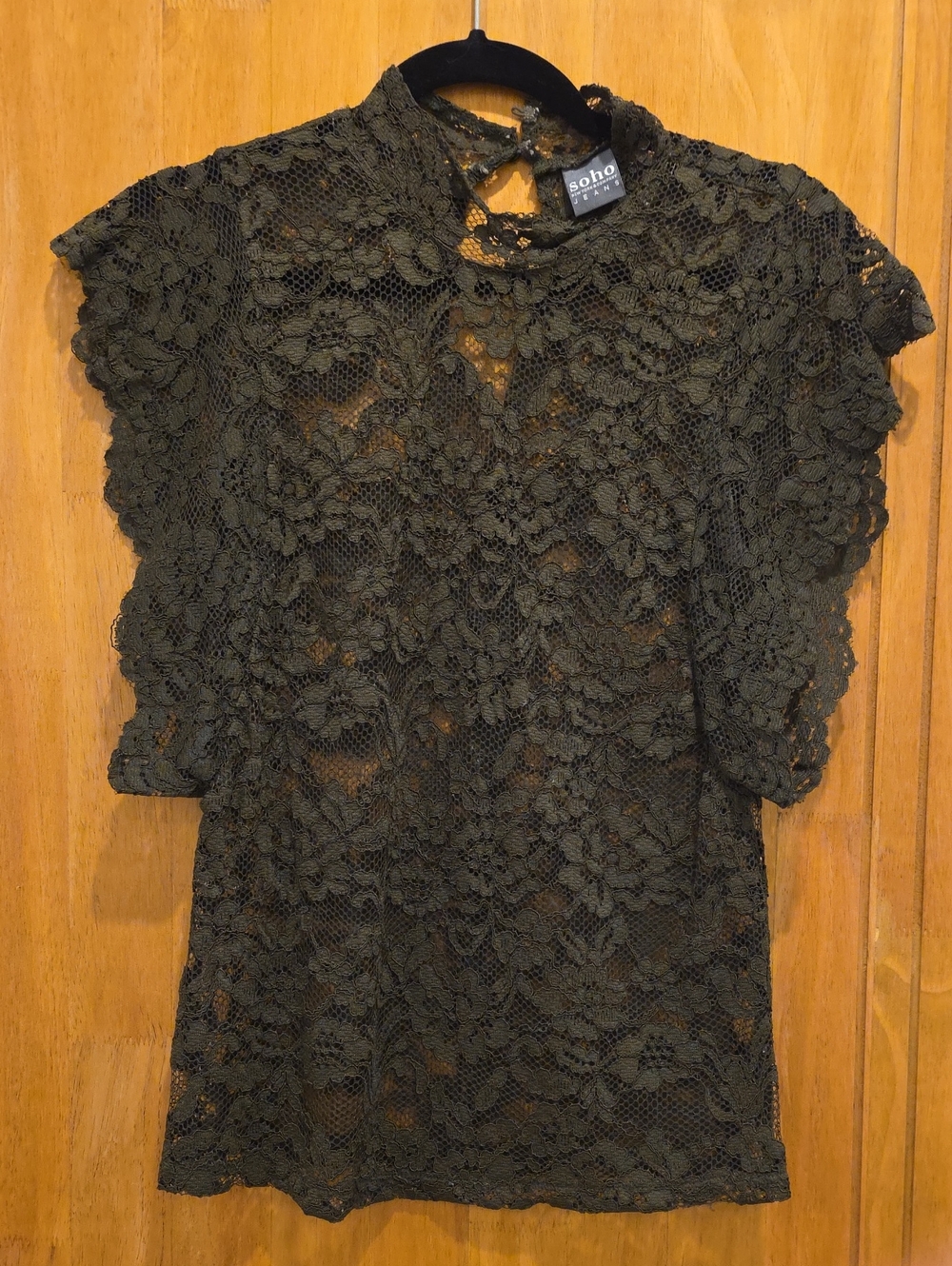 Soho Olive Lace Mock-Neck Short Sleeve Blouse